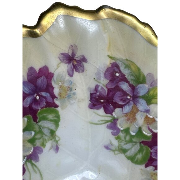 Vintage PRUSSIA B Lavender White Floral Gold Trim Leaf Trinket Candy Dish Bowl - Picture 7 of 9